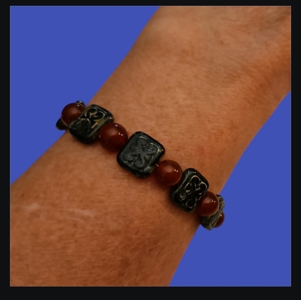 HANDMADE Carnelian Onyx Czech Glass Beaded Toggle Gothic Bracelet